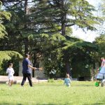 Joyful scene of children playing with bubbles in a sunny park surrounded by trees.